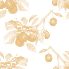 Plum on a branch with leaves hand drawn watercolor fruit garden juice juicy products vegetarianism