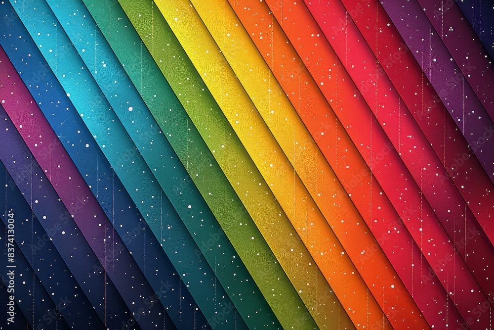 Poster abstract rainbow pattern with diagonal stripes, symbolizing diversity and energy, set against a dark