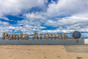 Punta Arenas city in Chile, Patagonia. Ships in port maritime old, ancient and modern ship in...