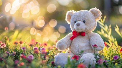 Fototapeta premium Teddy bear with red bow tie in blooming garden under golden sunlight with bokeh background for springtime themes