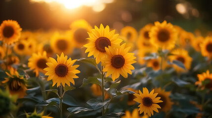 Fototapeta premium Sunflower in a field at sunset , close-up of a sunflower