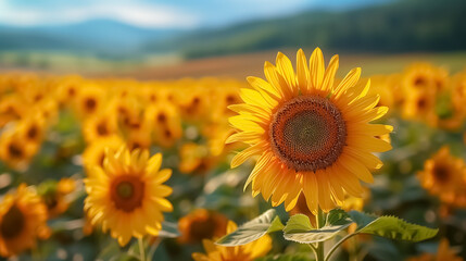Fototapeta premium Sunflower in a field at sunset , close-up of a sunflower