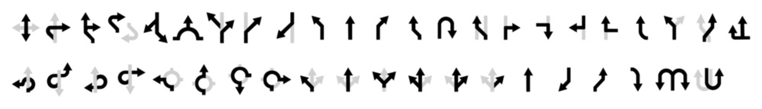 Icons with direction arrows on the highway. Collection of black road direction signs. Road navigation arrows. Path direction arrows. EPS 10