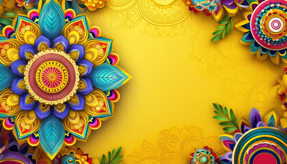Greeting card banner for festival. Colorful floral mandala patterns on a vibrant yellow background