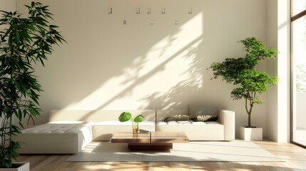 Detailed 3D illustration of a spacious living room with a monochromatic white theme and sunlight filtering through sheer curtains, design of a modern living room.
