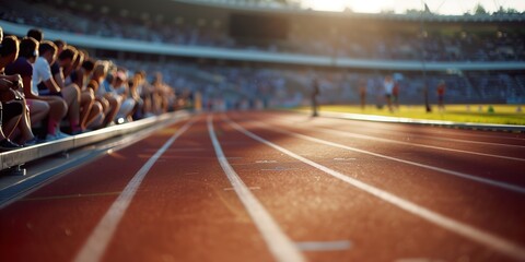 Detailed view of Paris Olympic stadium running track with tribunes in the background