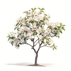 Obraz premium A flowering tree with white blossoms stands against a white background, showcasing its delicate beauty and vibrant green leaves.