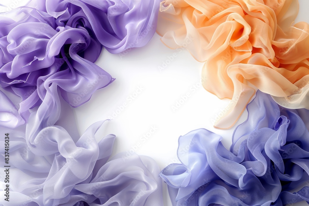 Poster flowing lavender and peach fabrics creating a soft, elegant circle against a white background, symbo