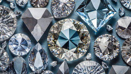 Colorful Diamonds Sparkling on Blue Surface. Generative AI