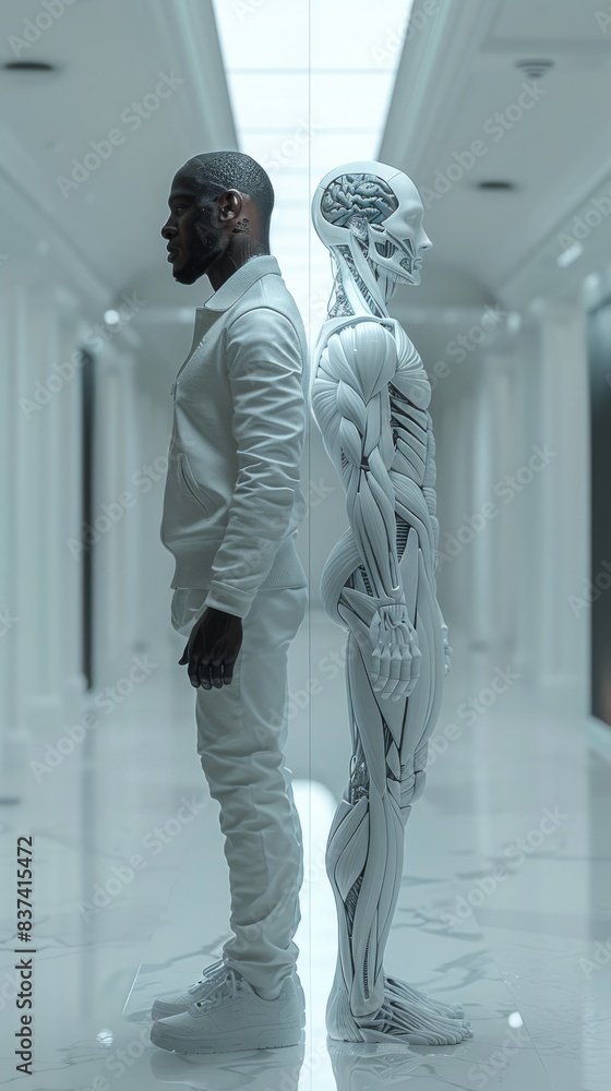Poster side view of a man and a humanoid robot standing back to back in a futuristic corridor. future techn