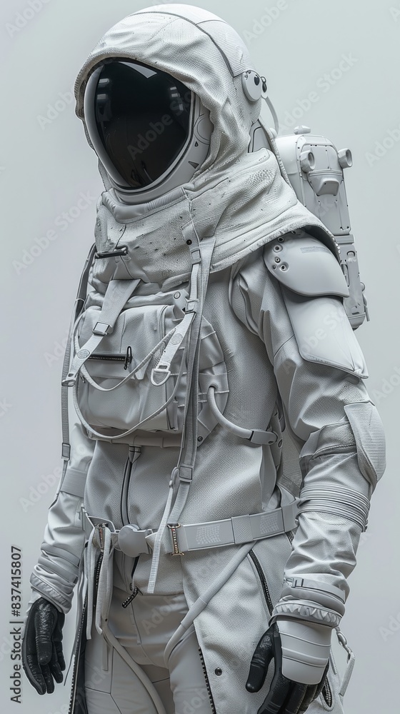 Poster front view of a person in a detailed spacesuit with a backpack against a plain background. space exp