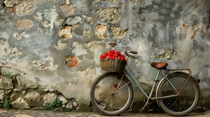 Vintage Bicycle with Basket of Strawberries Against Stone Wall