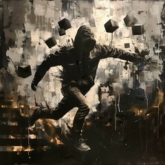 This painting likely depicts an urban scene with a hooded figure in motion, surrounded by black cubes and abstract elements, symbolizing chaos and rebellion in a gritty cityscape.