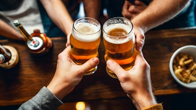 Glass of beer on a wooden table in a pub or restaurant