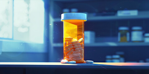 A prescription bottle, filled with pills, taunts its owner from the depths of a medicine cabinet.