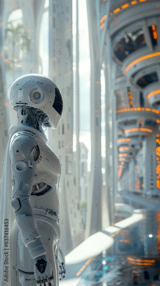 Poster side view of a humanoid robot in a futuristic cityscape. urban future and advanced technology concep