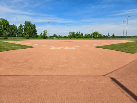 A perfect looking baseball field shot on a sunny day.