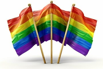 Fototapeta premium Cluster of rainbow flags on wooden poles against a white background, symbolizing LGBTQ pride, unity, and visibility in a clean, minimalist setting