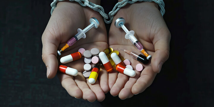 Reinvention through Detachment: A person's wrists are freed from the shackles of addiction, represented by broken syringes, discarded pills and needles, signifying their journey towards reclaiming con
