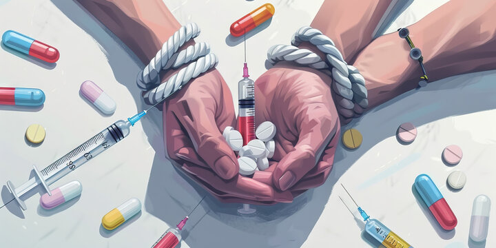Reinvention through Detachment: A person's wrists are freed from the shackles of addiction, represented by broken syringes, discarded pills and needles, signifying their journey towards reclaiming con