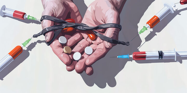 Reinvention through Detachment: A person's wrists are freed from the shackles of addiction, represented by broken syringes, discarded pills and needles, signifying their journey towards reclaiming con