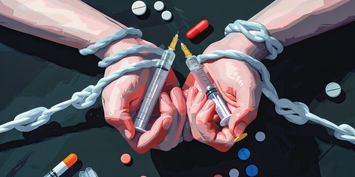 Reinvention through Detachment: A person's wrists are freed from the shackles of addiction, represented by broken syringes, discarded pills and needles, signifying their journey towards reclaiming con