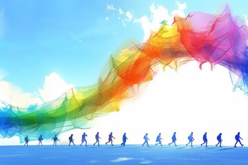 Vibrant rainbow fabric flowing in the wind against a bright sky, symbolizing LGBTQ pride, freedom, and creativity in a dynamic, artistic scene