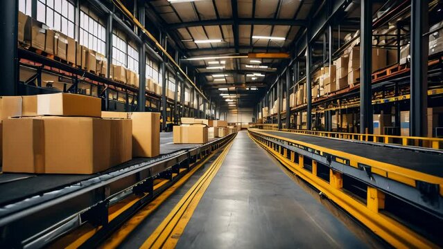 Cardboard boxes on conveyor belts and rollers in distribution warehouse, Delivery and packaging service concept background