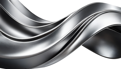 Abstract fluid metal bent form. Metallic shiny curved wave in motion. Cut out design element steel texture effect.
