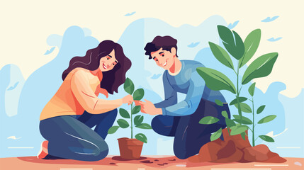 Planting tree man and woman gardening and growing p