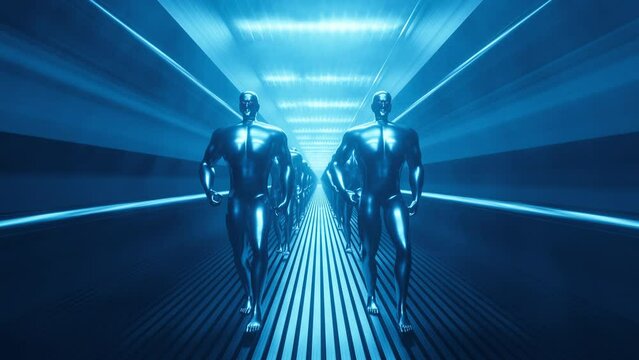 Group of metal robots walking in a tunnel. Front view moving humans figure for cyberpunk / sci-fi style projects, banners, posters. 4k cgi footage. Three-dimensional modern design stock video.
