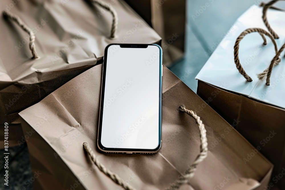 Poster mockup of an iphone with a blank white screen among shopping bags