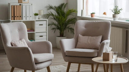 Empty therapist's office, room with comfortable chairs, soft lighting, and calming decor, supportive therapy session