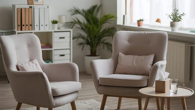 Empty therapist's office, room with comfortable chairs, soft lighting, and calming decor, supportive therapy session