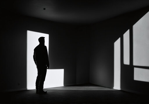 Shadows and Silhouettes in paranoid person hallucination, lurking figures or hidden dangers, paranoia and insecurity