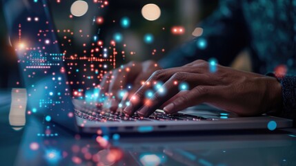 Close-up of hands typing on a laptop, searching for the latest advancements in smart Open AI technology