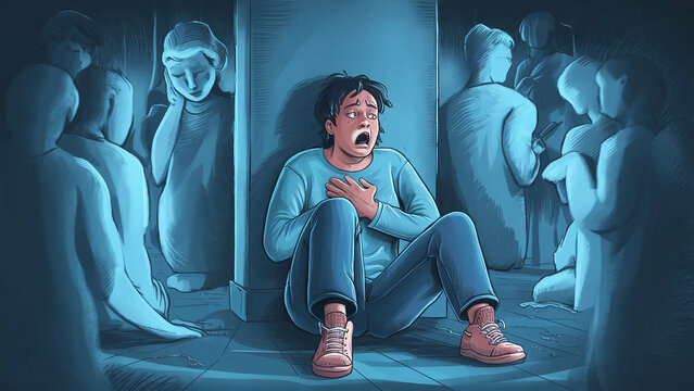 illustration of man having a panic attack, sitting on the floor gasping for air, disorientation and detachment, feelings of impending doom