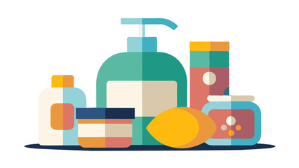 collection of hygiene products including soap dispensers and containers.