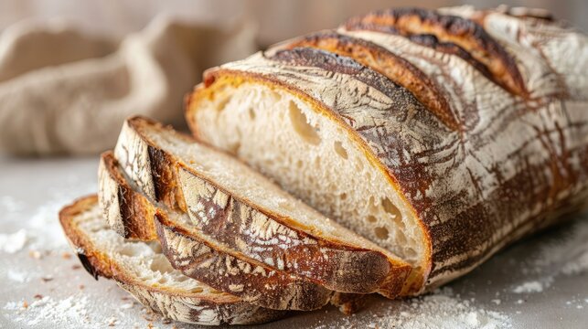 Close-up of traditional sourdough bread cut into slices, revealing the airy texture and rustic charm