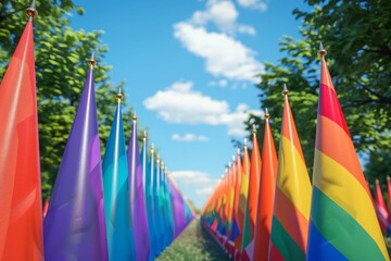 Array of rainbow flags at a pride event, symbolizing LGBTQ pride, celebration, and unity in a vibrant, outdoor scene with bright daylight
