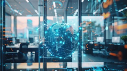 Digital globe with interconnected network lines, superimposed over a business office scene