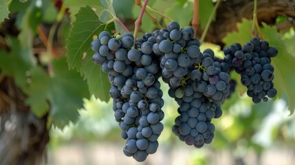 Fototapeta premium Elegant composition of a bunch of Shiraz grapes hanging gracefully from the vine