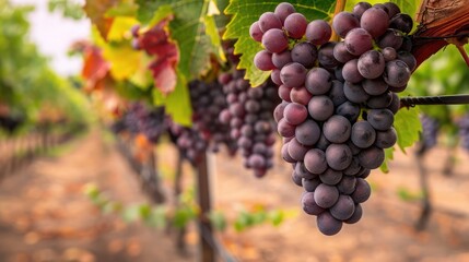 Elegant composition of a bunch of Shiraz grapes hanging gracefully from the vine