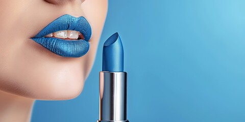 female model with blue lipstick - beauty and cosmetics concept