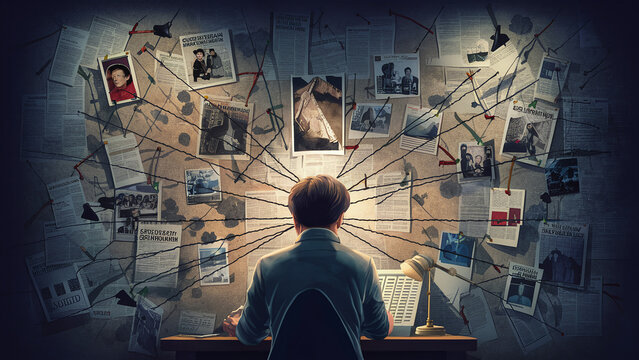 illustration of paranoia conspiracy wall, a conspiracy theorist's investigative board, obsessive and irrational thoughts