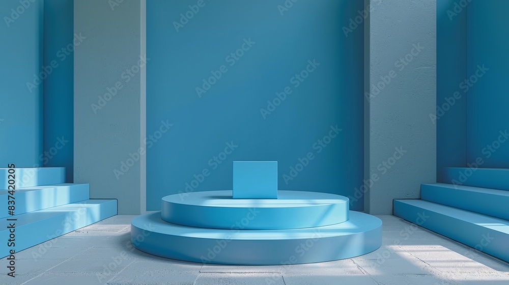 Poster a light blue room with white walls features two sets of steps and a circular platform with a square 