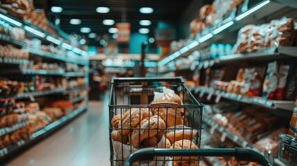 Grocery cart in a supermarket, passing by the bakery section with fresh bread and pastries