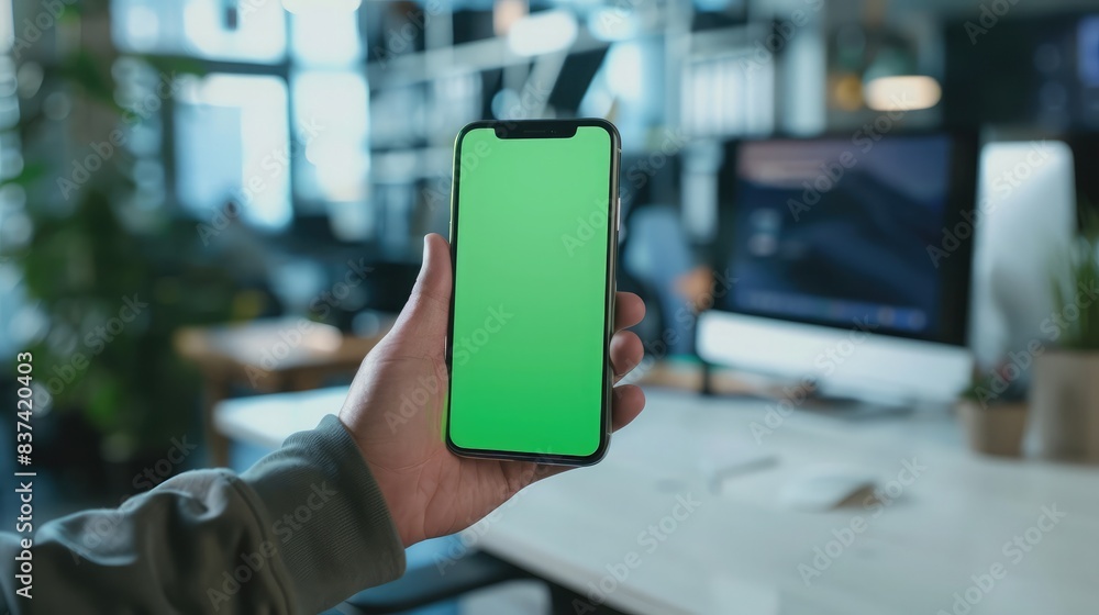 Wall mural hand holding a smartphone with a green screen against a white desk setup, emphasizing workspace cust