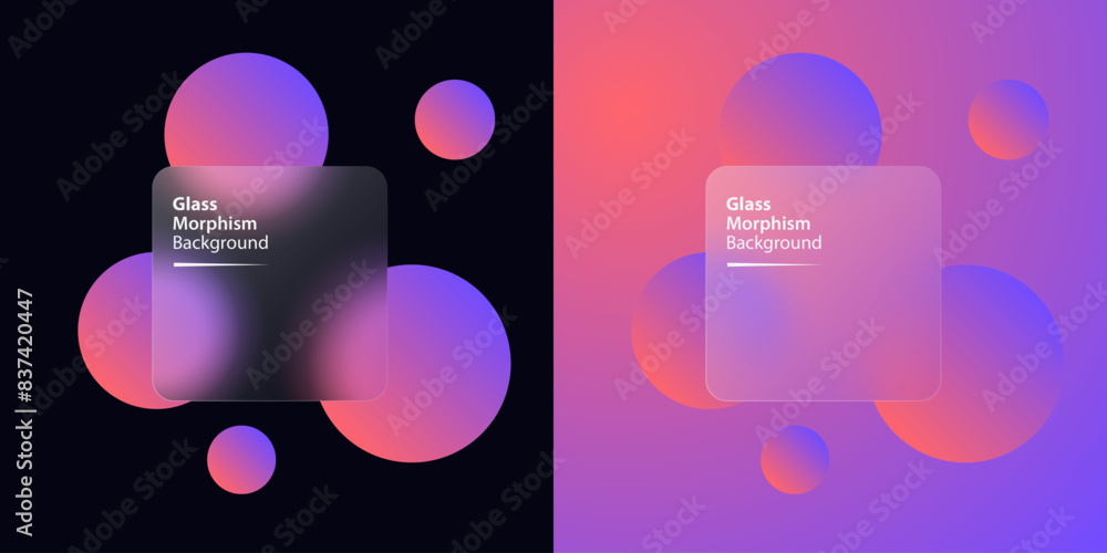 Poster glassmorphism background banner with transparent glass frame template . Realistic Frosted glass morphism effect with blurred abstract gradient red circle shapes. Vector illustration