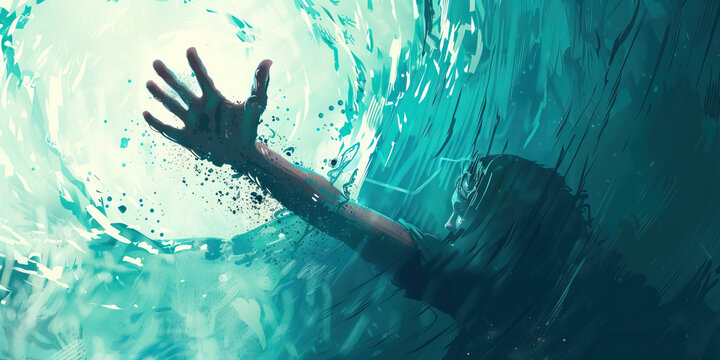 The Sinking Trap of Dependence: A person, desperately grasping a fraying lifeline, appears to be drawn deeper into a vortex of desperation